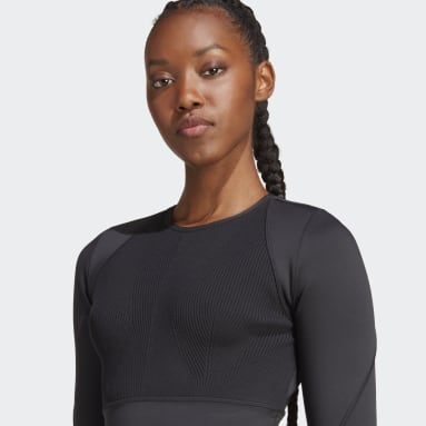 adidas by Stella McCartney TrueStrength Flat-Knit Long Sleeve Crop Topp Svart