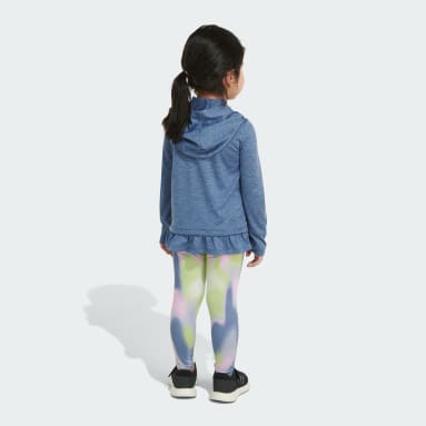 Children Lifestyle Blue Long Sleeve Hooded Mélange Top and Allover Print Tight Set