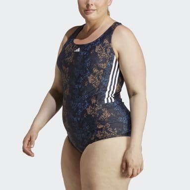 Women Swimming Blue 3-Stripes Graphic Swimsuit (Plus Size)