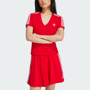 Dames Originals rood 3-Stripes V-Neck Slim-fit T-shirt