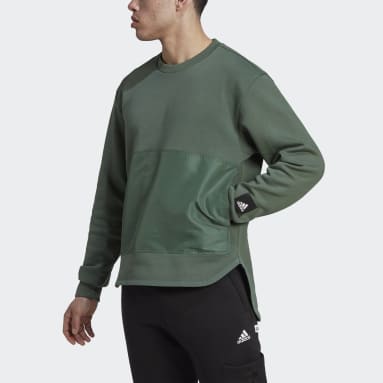 Men Sportswear Green Fleece Woven Crew Sweatshirt