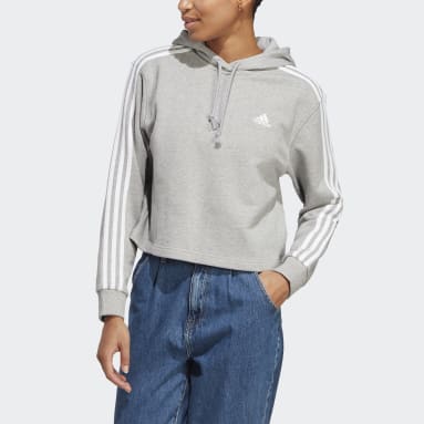 Sweat-shirt à capuche court en molleton à 3 bandes Essentials gris Femmes Sportswear