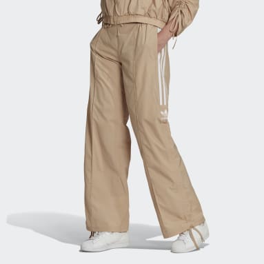Pantalón Fruncido 3 Rayas Pretina Alta Beige Mujer Originals