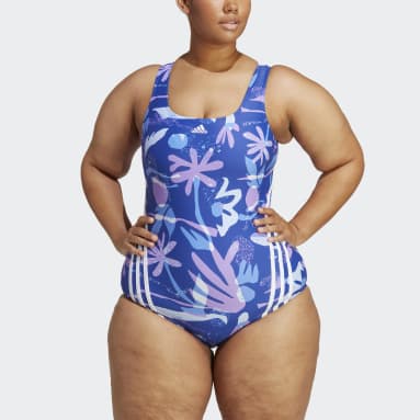Women Sportswear Blue Floral 3-Stripes Swimsuit (Plus Size)