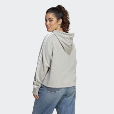 Essentials 3-Stripes French Terry Crop Hoodie (Plus Size) Szary