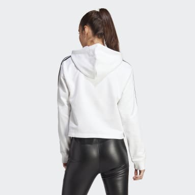 Sweat-shirt à capuche court en molleton à 3 bandes Essentials blanc Femmes Sportswear