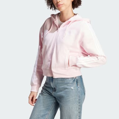 Veste bomber à capuche entièrement zippée en molleton Essentials 3-Stripes Rose Femmes Sportswear