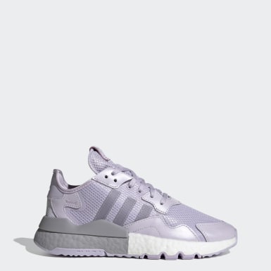 purple and white adidas sneakers