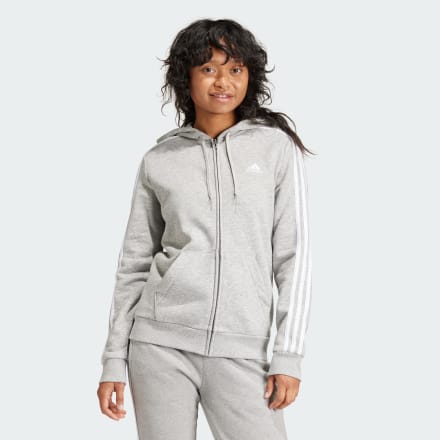 Adidas Essentials Fleece 3-Stripes Full-Zip Hoodie Grey / White 2XS - Women Lifestyle Track Tops,Hoodies,Tracksuits