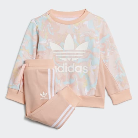adidas Allover Print Marble Crew Set Pink Tint / Multicolor / Coral 912M - Kids Lifestyle Tracksuits