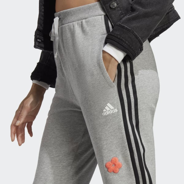 adidas 3-Stripes High-Rise Cotton Leggings With Chenille Flower Patches -  Grey