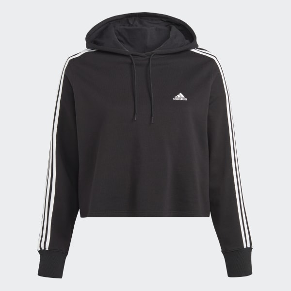 Black Essentials 3-Stripes French Terry Crop Hoodie (Plus Size)