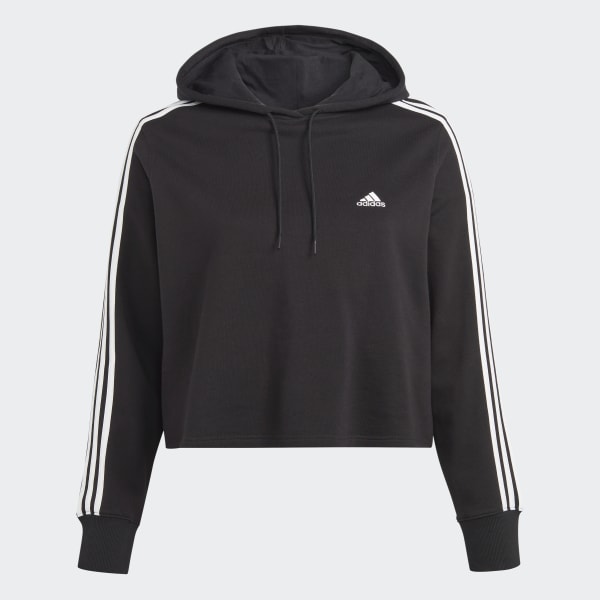 Noir Sweat-shirt à capuche court en molleton à 3 bandes Essentials (Grandes tailles)