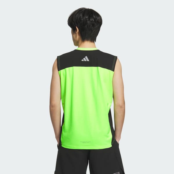 グリーン Adptn レギュラーフィット ホリゾンタル ストライプス テクスチャード ダブルニット ノースリーブTシャツ