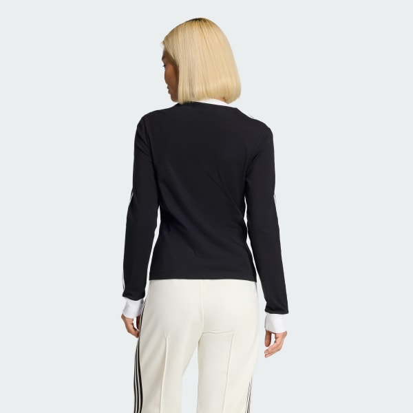 สีดำ เสื้อยืดแขนยาว 3 STRIPES (SLIM)