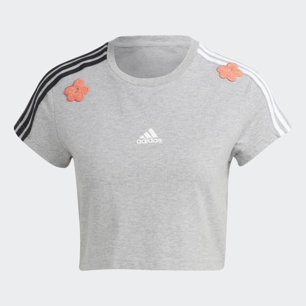 Gris Remera Corta 3 Tiras con Parches Florales de Chenille