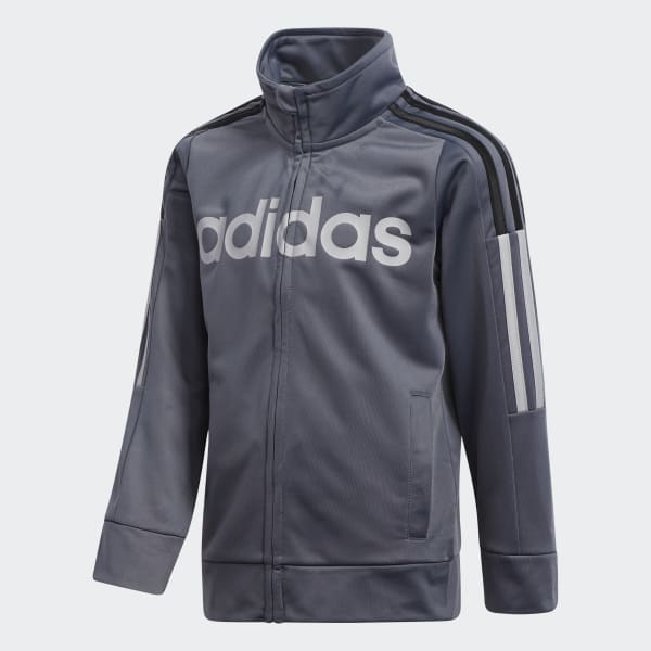 grey adidas jacket with white stripes