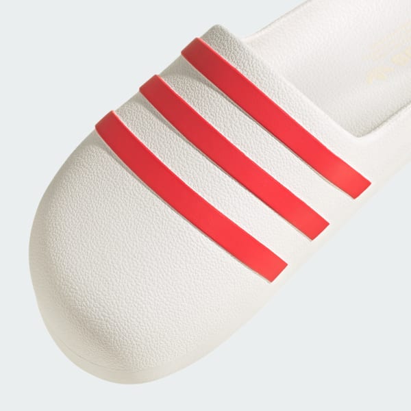 Red and discount white adidas slides