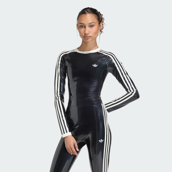 Negro Polera Corta de Látex 3 Tiras Manga Larga