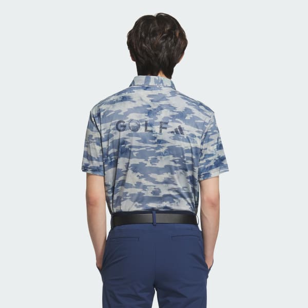 สีน้ำเงิน เสื้อโปโลแขนสั้นพิมพ์ลายทั้งตัว