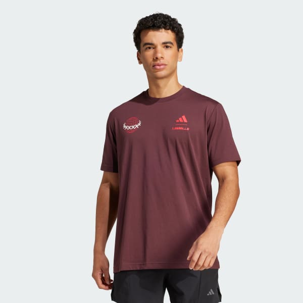 สีแดงเบอร์กันดี เสื้อยืดพิมพ์ลาย LES MILLS Team