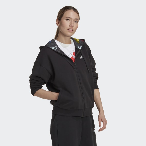 Negro Polera con Capucha y Cierre Frontal de Corte Holgado Essentials Logo Multicolor SX119