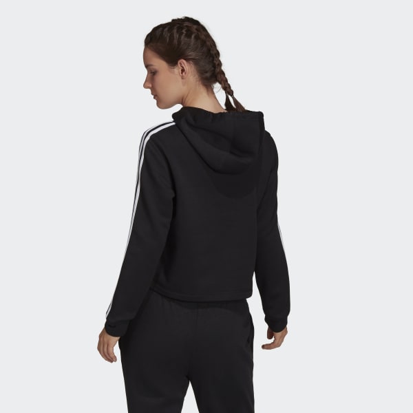 Black Primegreen Essentials Comfort Fleece Loose Cropped 3-Stripes Hoodie KML08