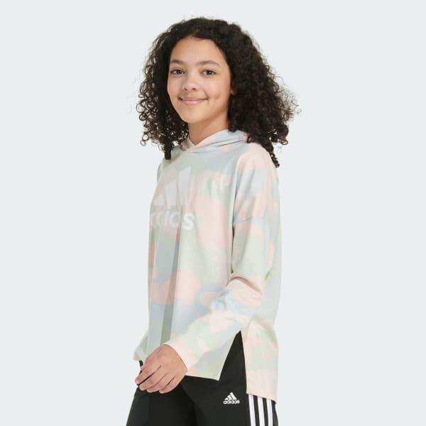 All Over Print Long Sleeve Curve Hem Hooded Tee