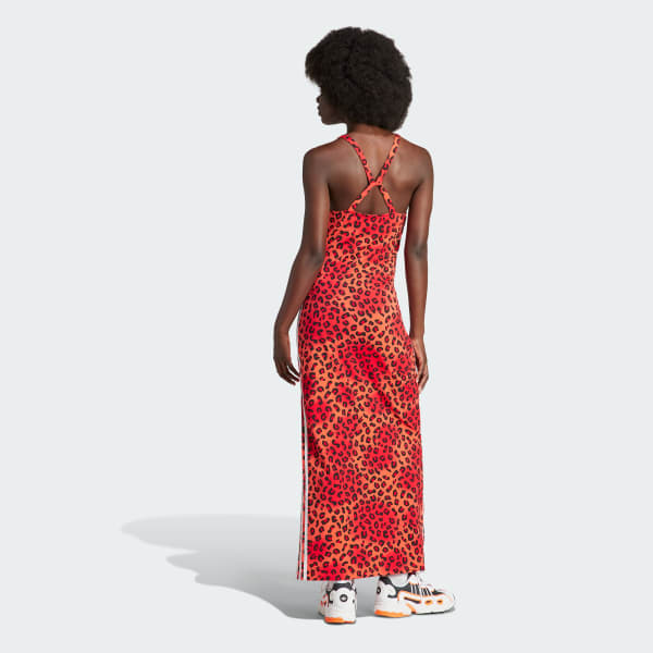 Vestido adidas Originals Leopard Luxe 3 Stripes Maxi Vermelho