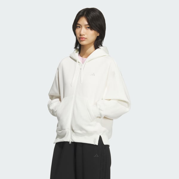 ホワイト エッセンシャルズ プラス スリーストライプス スペーサーニット ルーズフィット フルジップ パーカー