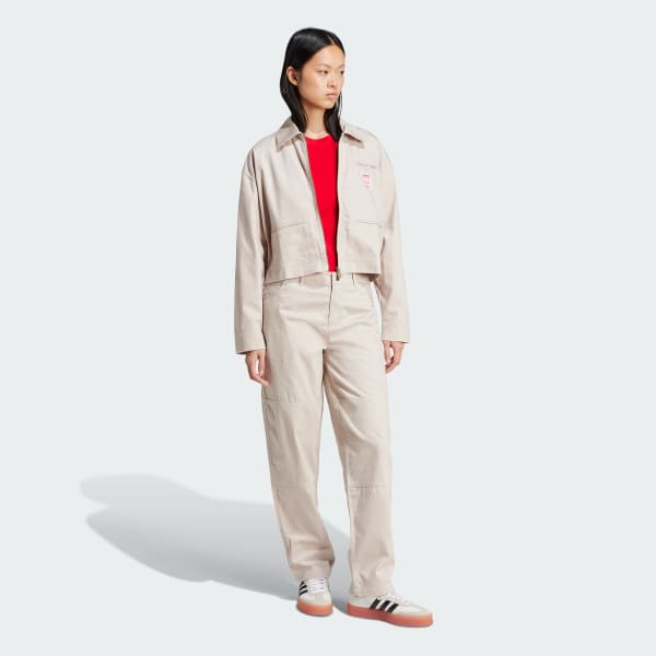 Beige Chaqueta Cropped con Cierre y Estampado Integral