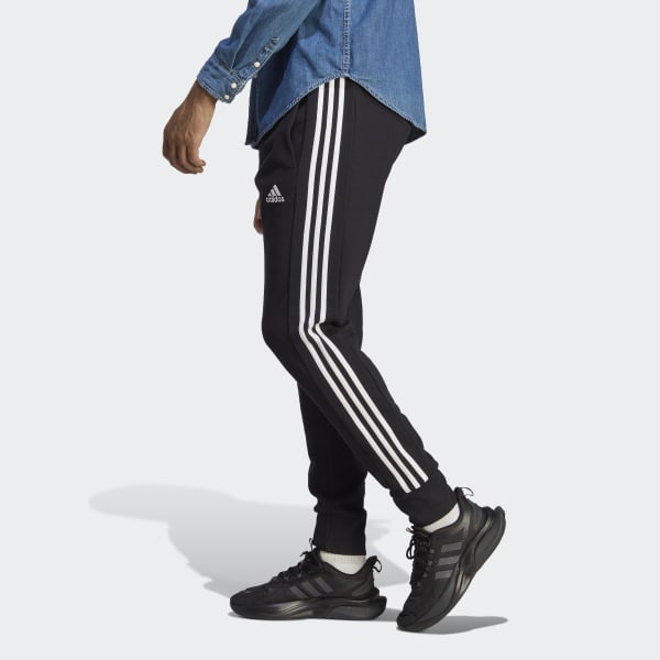 Black Essentials French Terry Tapered Cuff 3-Stripes Joggers