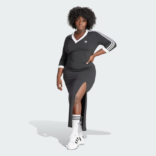 adidas Adicolor - Size) Black (Plus 3-Stripes adidas | Classics Women\'s Lifestyle US Maxi Dress V-Neck 