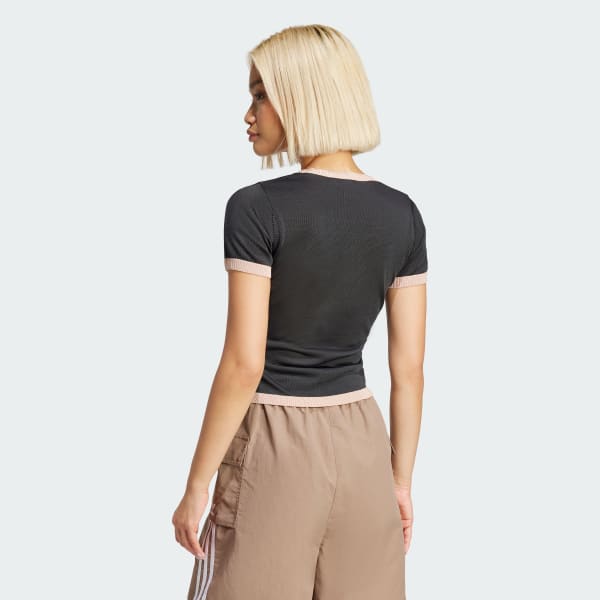 Hitam Tee Pendek Rajut 3-Stripes