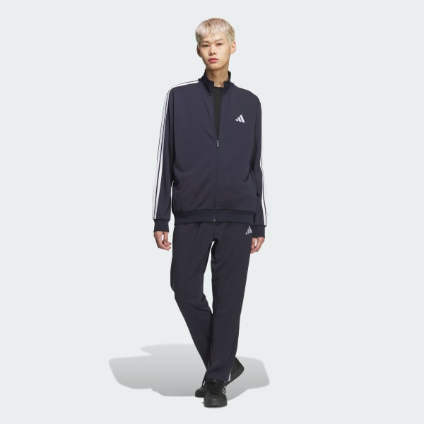 ブルー スリーストライプス レギュラーフィット ダブルニット オープンヘム トラックパンツ