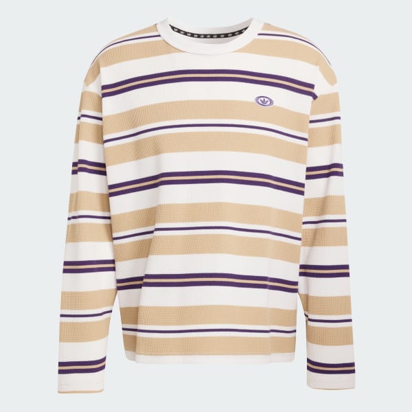 ホワイト 90s オルタナティブスポーツ長袖ストライプ ワッフル Tシャツ