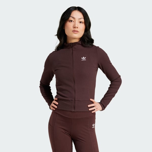 Adidas Essentials Ribbed Full Zip Track Top Women Shadow Brown 2XST