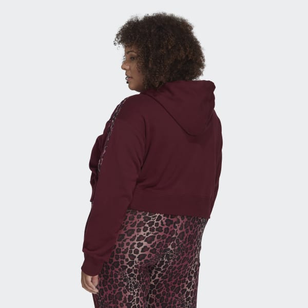 Burgundy 3-Stripe Animal Print Crop Hoodie (Plus Size) WU176