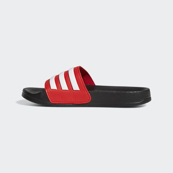Adidas red and 2025 black slides