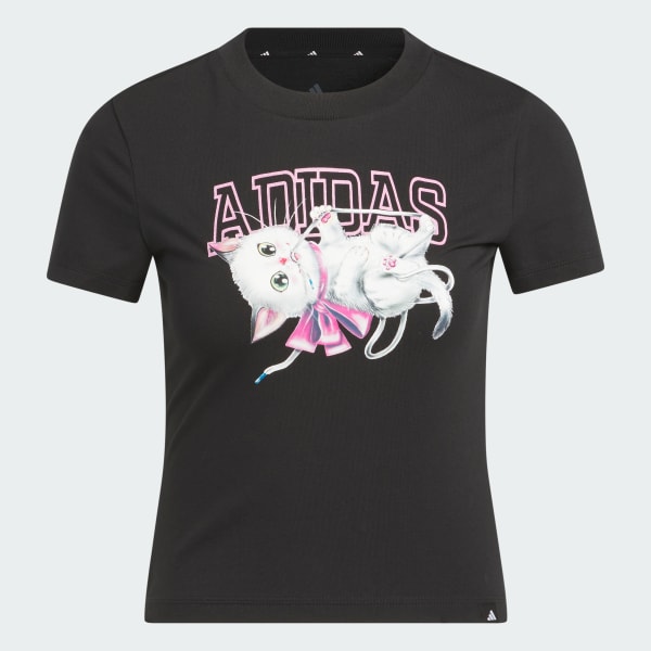 Negro Camiseta baby esencial de temporada con gráfico de gato