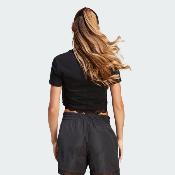Black Cropped Lace Trim Tee