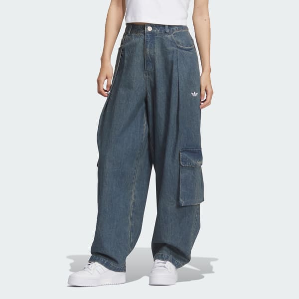 สีน้ำเงิน กางเกงคาร์โก้ผ้าเดนิมเนื้อนุ่ม