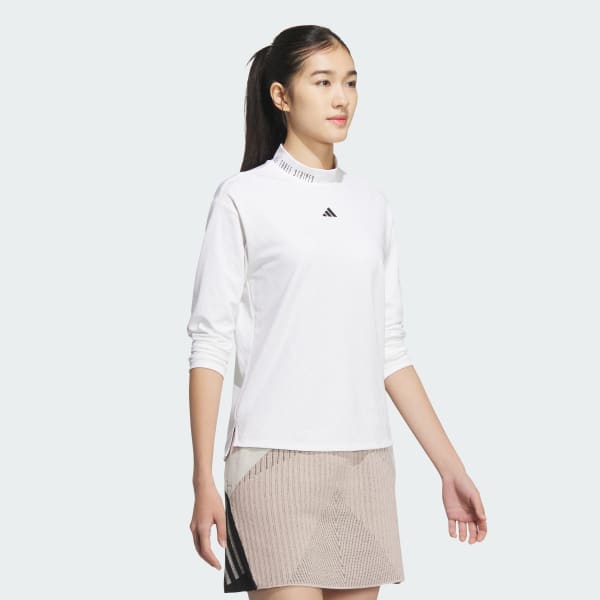 White Logo Jacquard Long Sleeve Mock Neck Polo Shirt