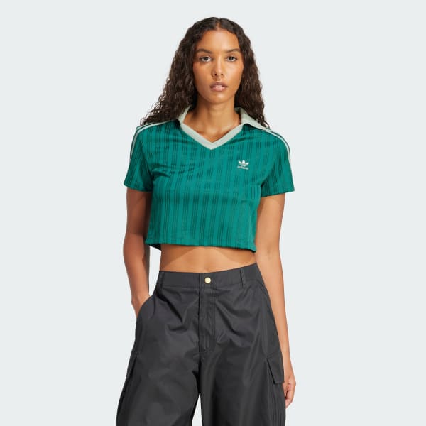 グリーン アディカラー フットボール ジャカード Vネック クロップポロシャツ