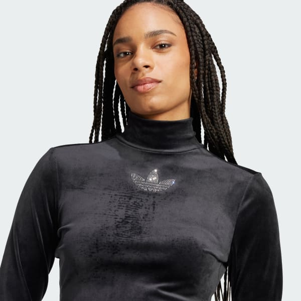 Adidas Originals Women s Rhinestone Trefoil Long Sleeve Crop Top Black Size XL