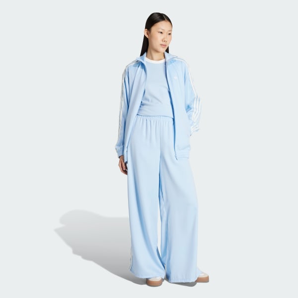 Blau adidas Originals Satin-Hose, weites Bein, Rüschendetails, 3-Streifen