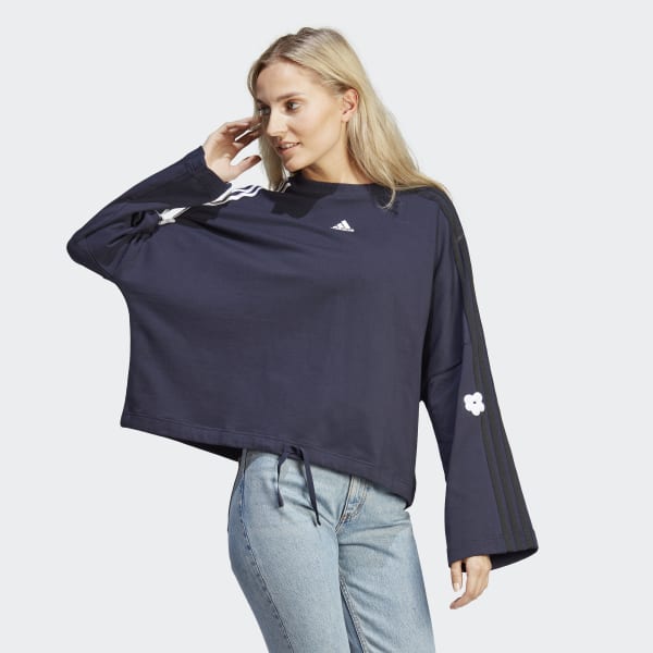 adidas 3-Stripes Sweatshirt with Chenille Flower Patches - Blue ...