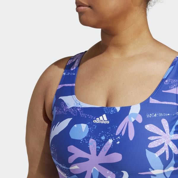 Niebieski Floral 3-Stripes Swimsuit (Plus Size)
