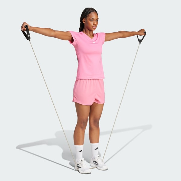 สีชมพู เสื้อยืดคอวี AEROREADY Train Essentials Minimal Branding