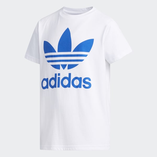 white adidas shirt with blue logo